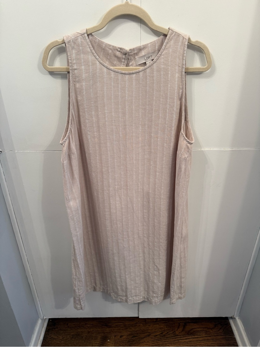 Loft beige sleeveless silver pin strip dress.